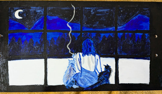 All of the Cats are Looking Out the Window Original Skate Deck Acrylic Painting with Iridescent Accents