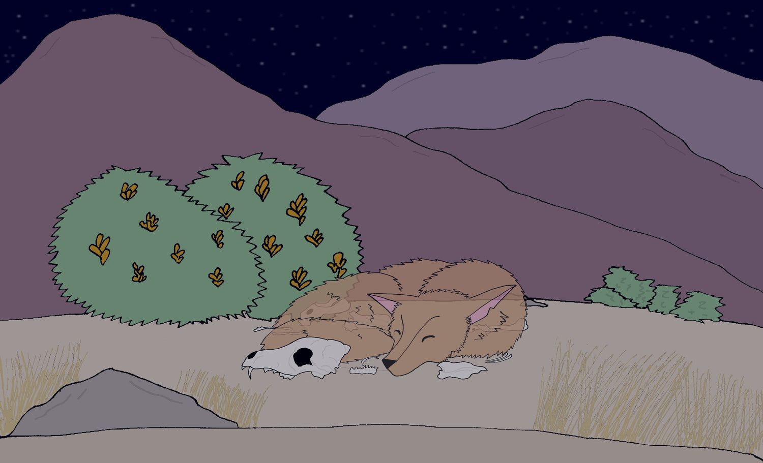 digital illustration of a coyote ghost sleeping in her bones in the Nevada desert