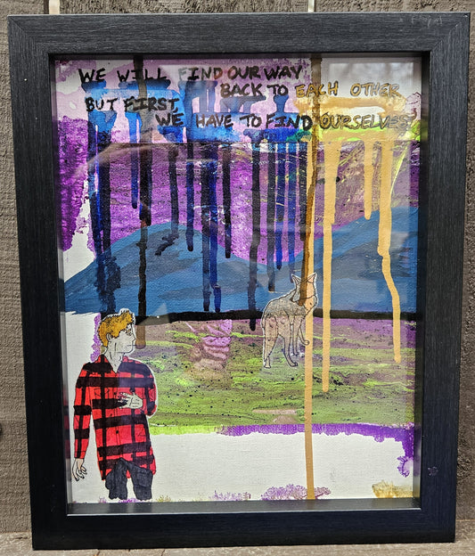 Collaboration with Johnny Simon: "where does it all lead? what will become of us?" Framed Original Mixed Media on Canvas Panel