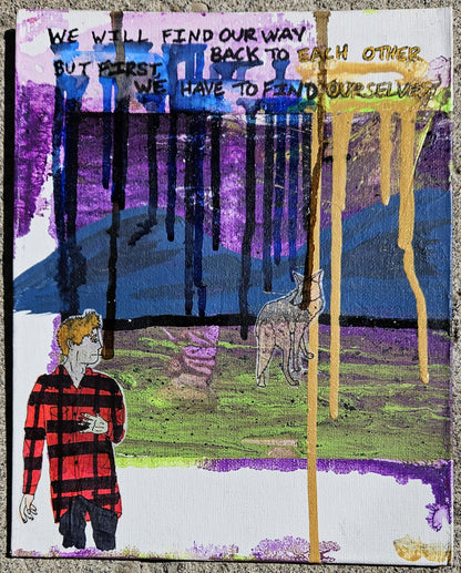 Collaboration with Johnny Simon: "where does it all lead? what will become of us?" Framed Original Mixed Media on Canvas Panel