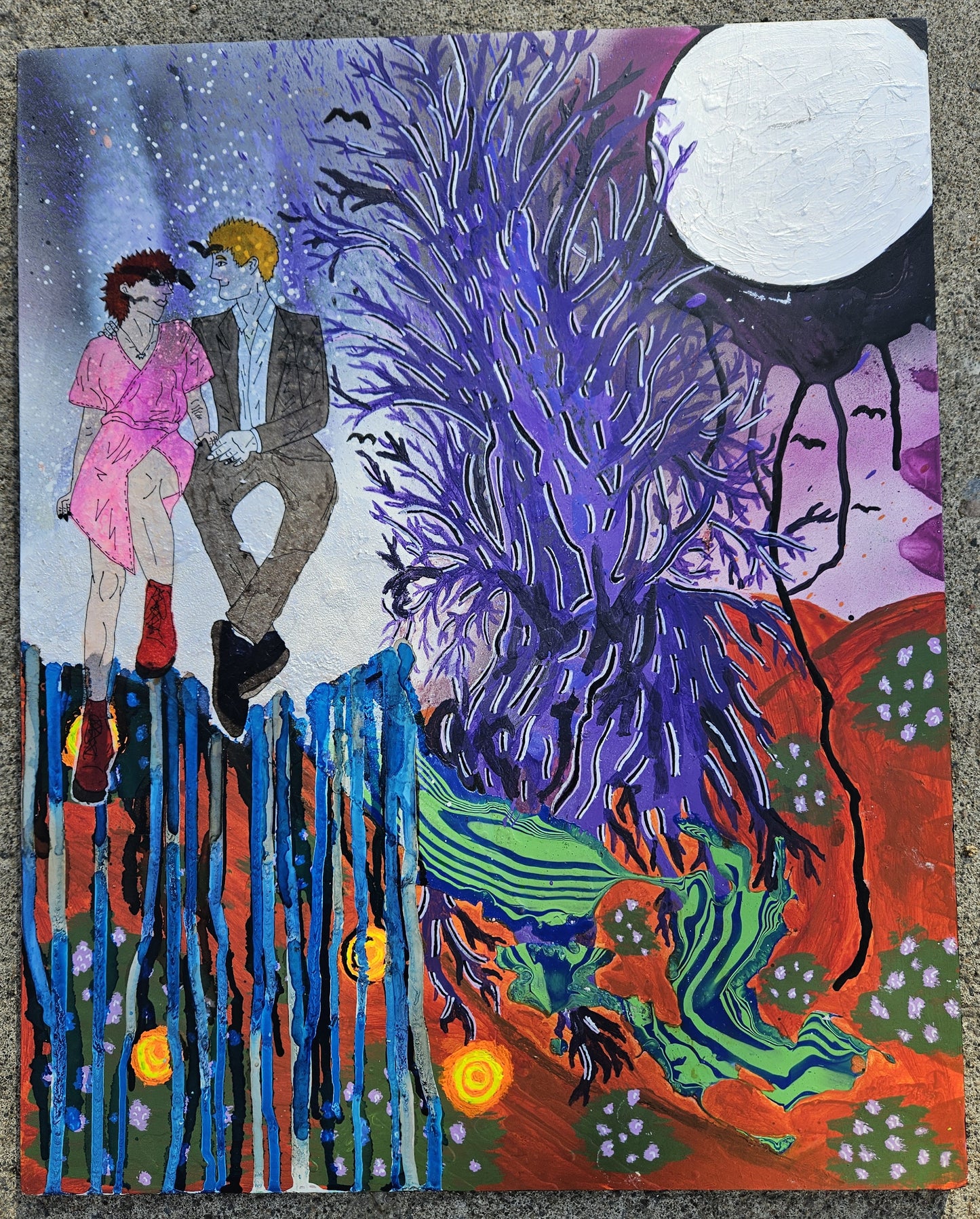 Collaboration with Johnny Simon: "sometimes when a coyote and a cowboy love each other very much, they make a painting" Original Mixed Media on Board