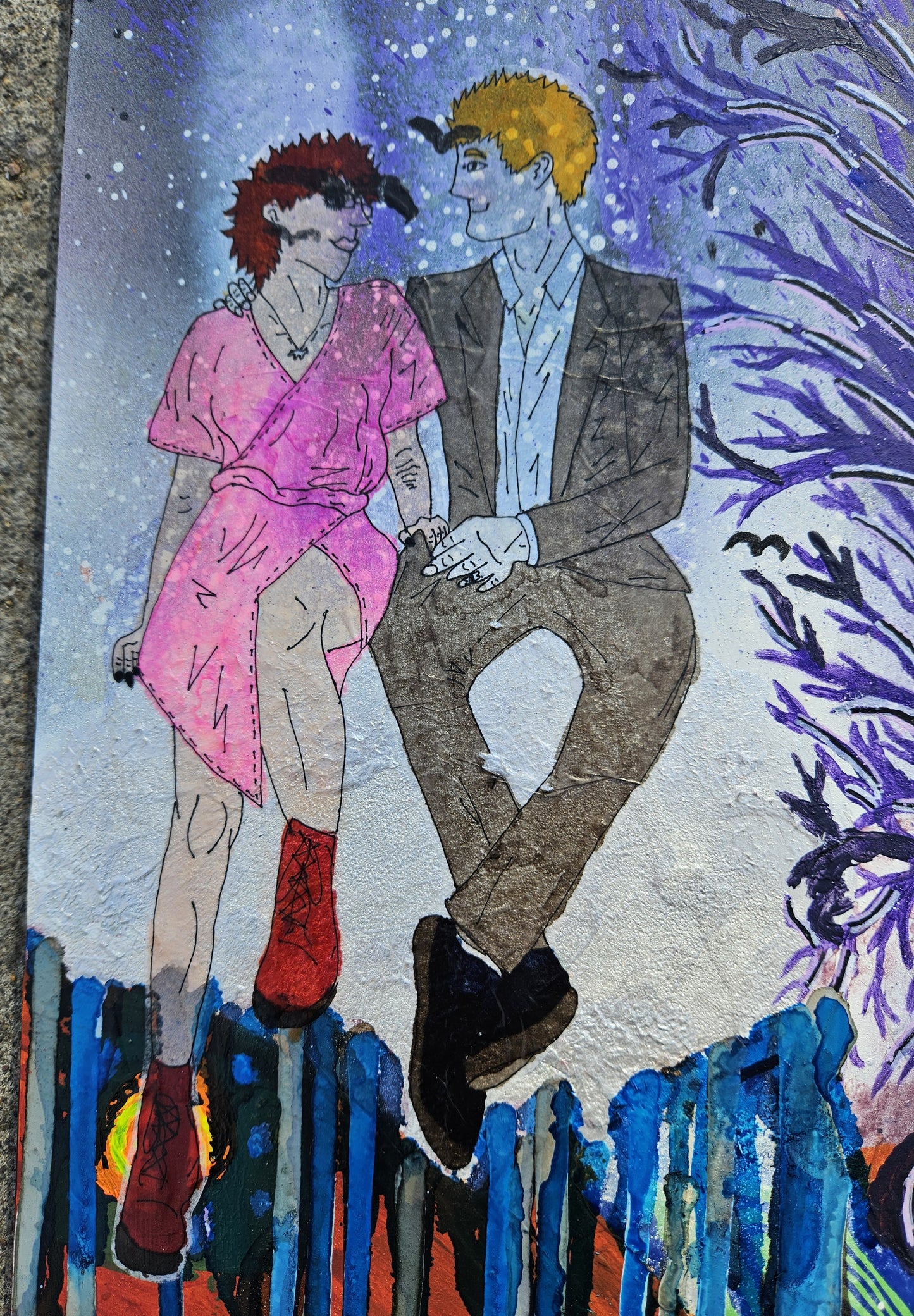 Collaboration with Johnny Simon: "sometimes when a coyote and a cowboy love each other very much, they make a painting" Original Mixed Media on Board