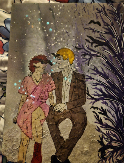 Collaboration with Johnny Simon: "sometimes when a coyote and a cowboy love each other very much, they make a painting" Original Mixed Media on Board